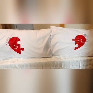 ❤️Hand Crafted King Red and White Puzzle Heart Pillowcases "BETTER TOGETHER"